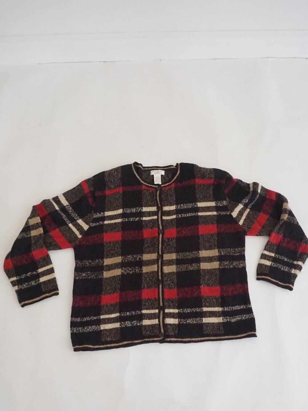 Vintage Christopher & Banks Black Red Plaid Tartan Preppy Button Cardigan XL